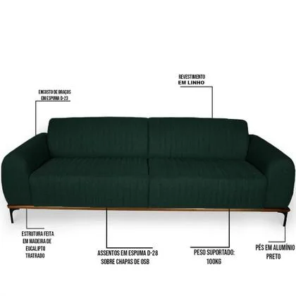 Sofá 300cm 4 Lugares Pés Preto Molino C-117 Linho Verde Musgo - Domi