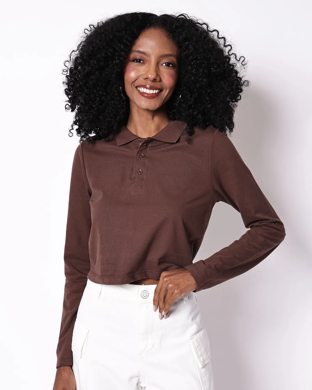 Camisa Polo Feminina Cropped Manga Longa Marrom