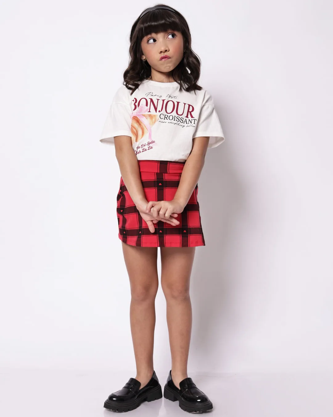 Short Saia Infantil Curto Xadrez Vermelho