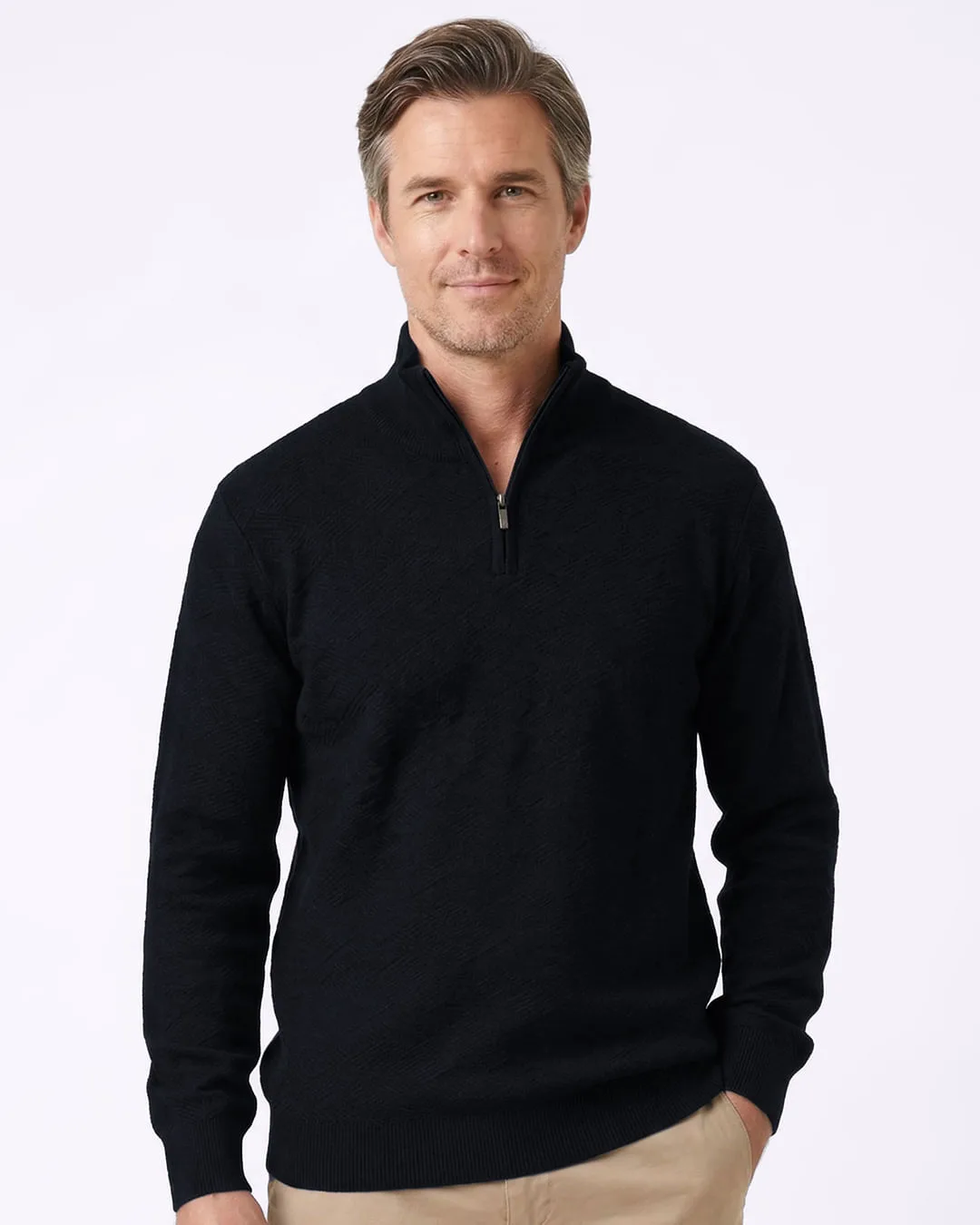 Suéter Masculino Tricô Texturizado Meio Zíper Preto