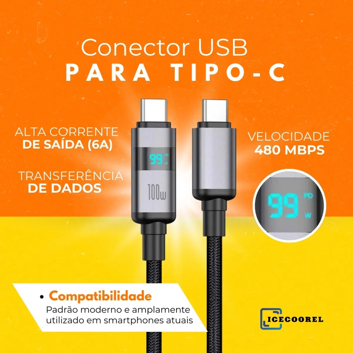 Cabo Carregador Rápido 100w Turbo Mostrador Led Usb Tipo C Preto Visor Led Compativel iPhone 15 16 17 Samsung Xiaomi Poco Motorola Nylon Trançado Reforçado Trasmição De Dados Ultra Rápido Ice Coorel