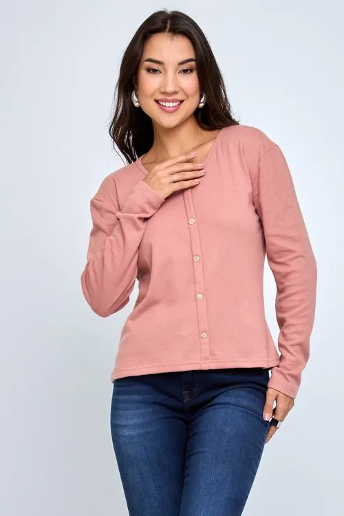 Cardigan Feminino Rosa Claro Canelado Botões Manga Longa