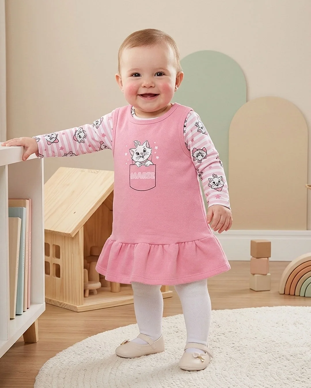Conjunto Bebê Salopete Disney Gatinha Marie Rosa