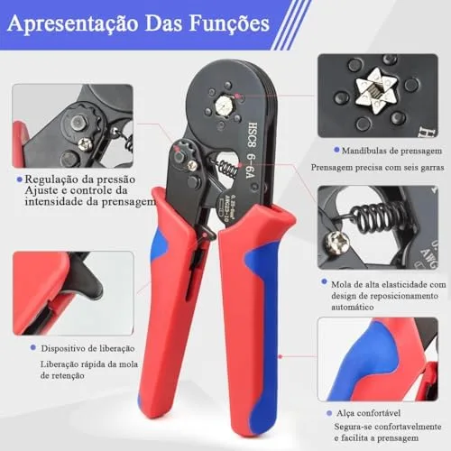 Ferramenta de crimpagem de ponteiras 0,25-6mm² Crimpador hexagonal Crimpador com catraca autoajustável para terminais de fio e cabos Terminais de fio