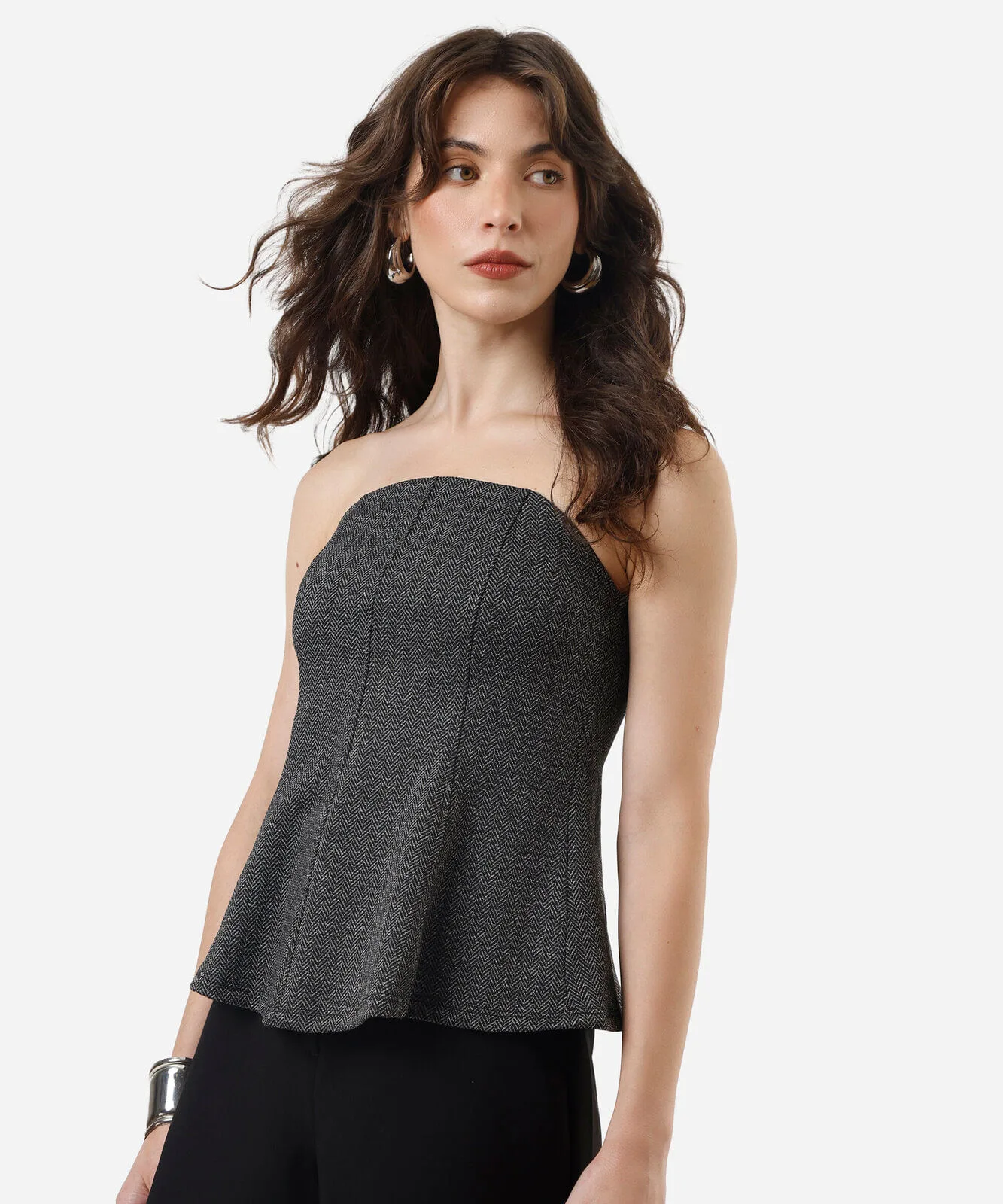 blusa peplum feminina de jacquard sem alça  cinza