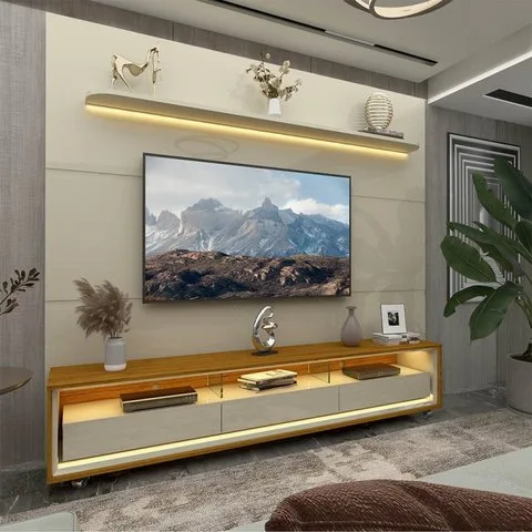 Rack com Painel para TV até 90 Polegadas com LED 100% MDF 219cmx240cm 3 Gavetas com Rodízios Royal Requinte