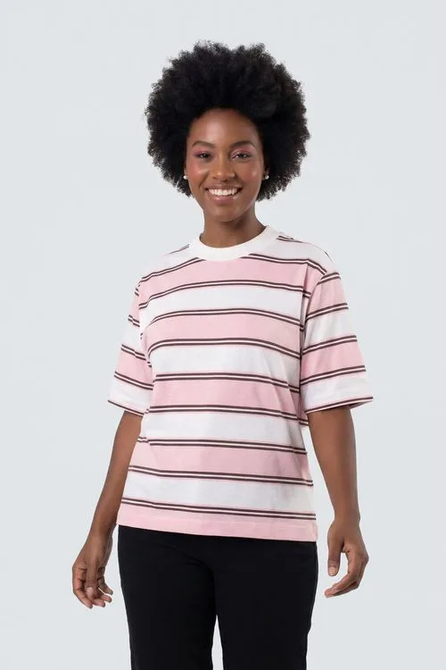Blusa Feminina Rosa, Branca e Marrom Listrada