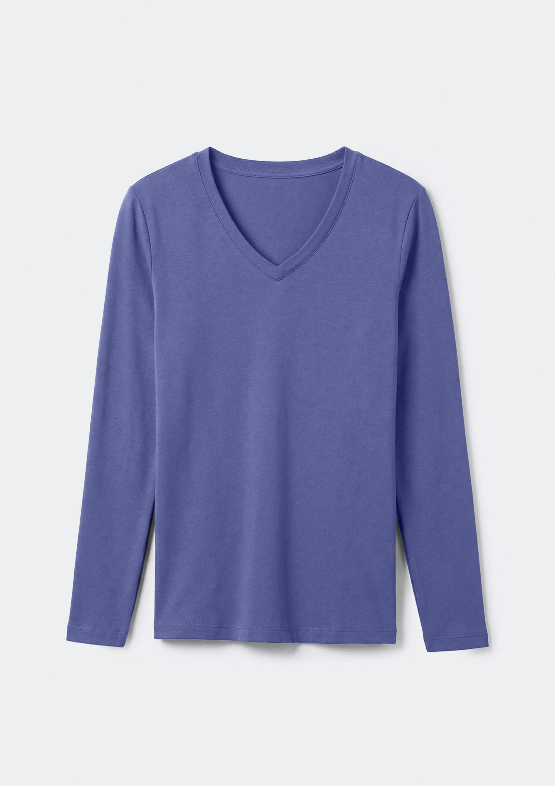 Blusa Básica Feminina Manga Longa Slim Decote V - Azul