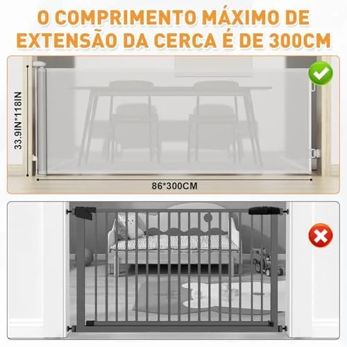 Portão de Segurança Retrátil para Bebês e Pets, 86 cm x 3 m, Tela PVC, cinza