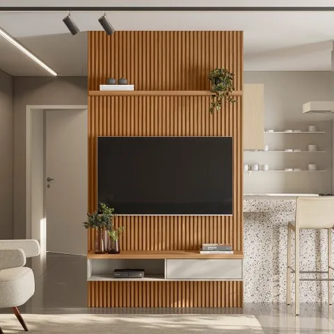 Painel Ripado para TV até 75 Polegadas MDF 140cmx250cm Modular 1 Nicho 1 Prateleira Linea
