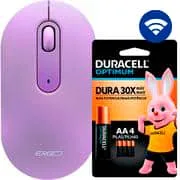 Mouse sem fio, 1600 DPI, Lilás, MW7034L, Ergo + Pilha Alcalina Duracell Pequena AA, Optimu...