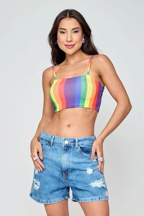 Top Feminino Caedu Listras Arco-Íris Supplex Colorido