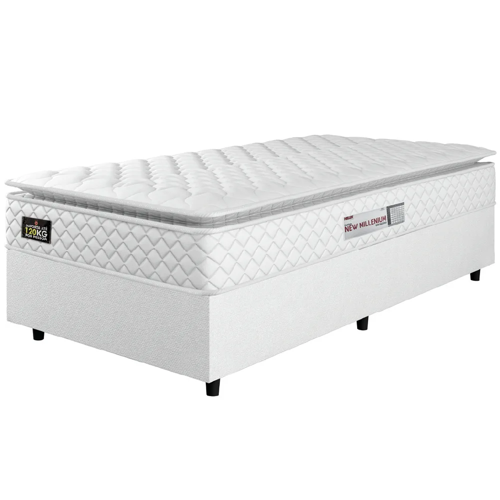 Cama Box Solteiro Colchão Espuma D33 Pillow Top New Millenium 88x188x57cm Branco Linho Hellen