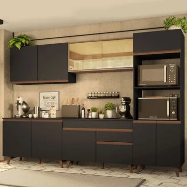 Armário de Cozinha Completa 310cm Preto/Rustic Reims Madesa 01