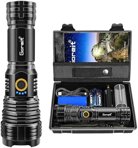 Lanterna Led Recarregavel 10000 Lumens, Goreit Lanterna Tatica Militar Super Potente XHP70.2, Lanterna a Pilha Lanterna De Choque Defesa Pessoal USB Para Acampamento Caminhada Pesca EmergêNcia