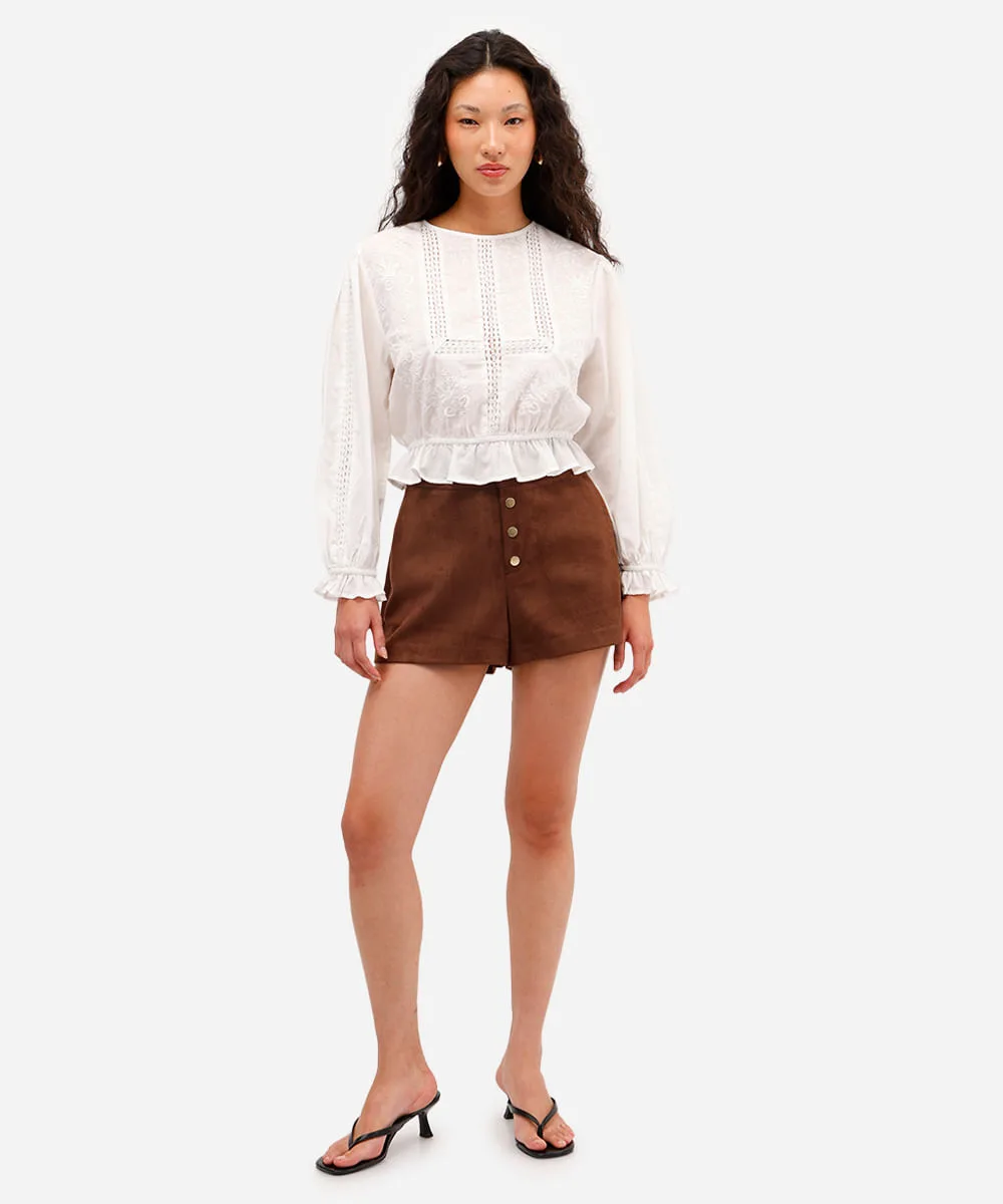 short feminino de suede cintura alta marrom