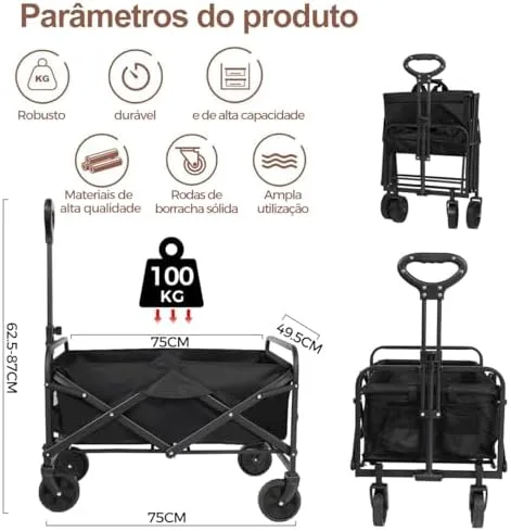 Carrinho de Transporte Dobrável 150kg - Preto, Resistente e Portátil para Serviço Pesado
