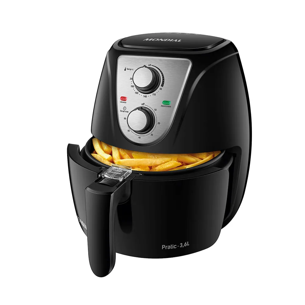 Fritadeira Sem Óleo Mondial 3,6L 1500W Preto/Inox 110V Antiaderente Duraflon Timer 60min Fritadeira Air Fryer AF-36-BI 3,6L Mondial 110v