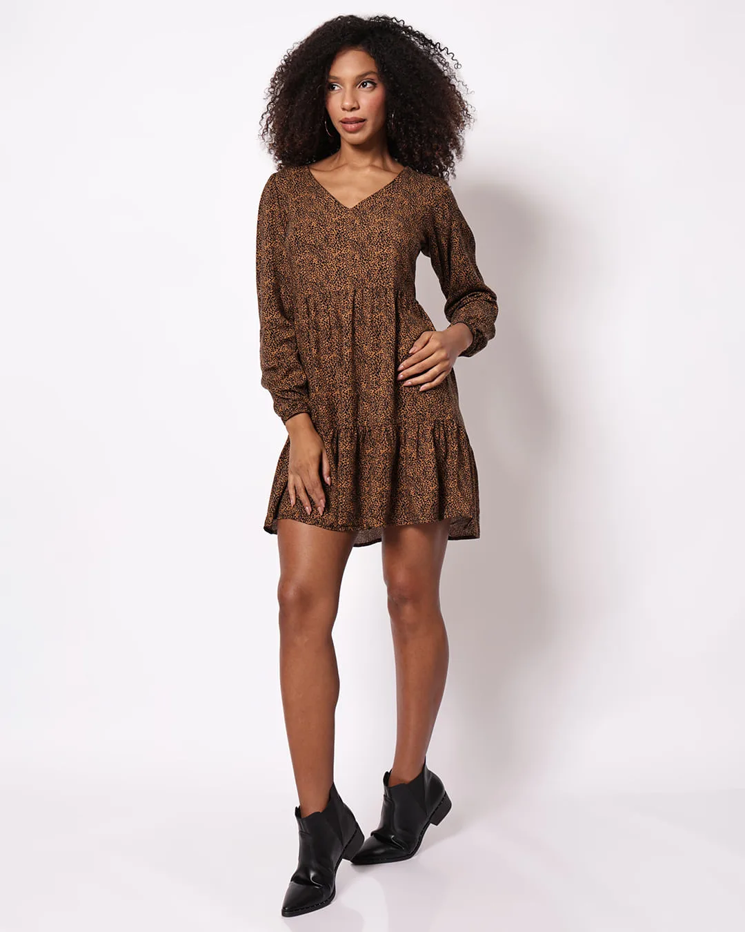 Vestido Curto Feminino Viscose Berry & Co Estampado Onça Marrom