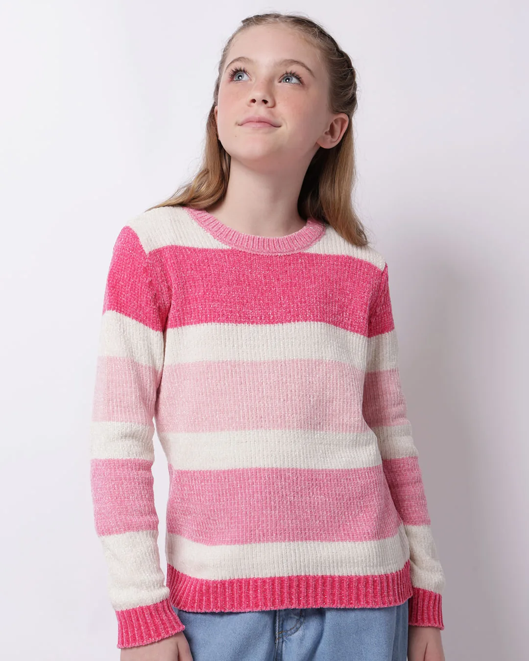 Suéter Juvenil Tricô Listrado Lurex Rosa