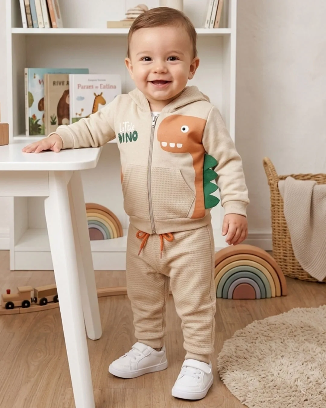 Conjunto Moletom Bebê Estampa Dino Interativa Bege