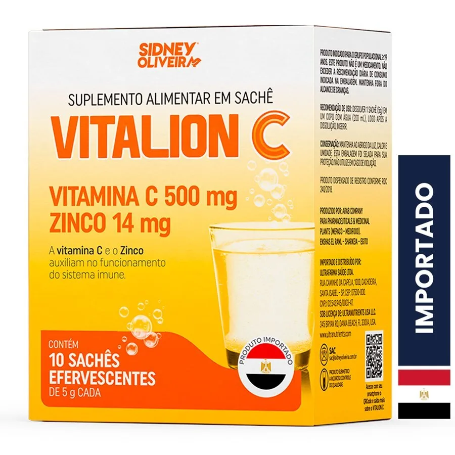 Vitalion C 500Mg E Zinco 14Mg 10 Sachês Efervescentes Importado Sidney Oliveira
