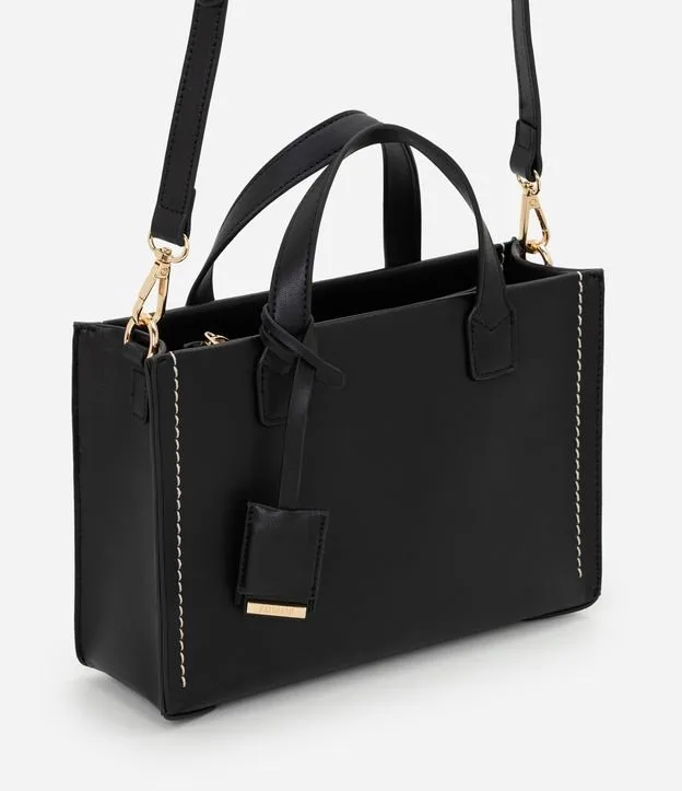 Bolsa Satchel Média com Alça Longa e Detalhes Metalizados