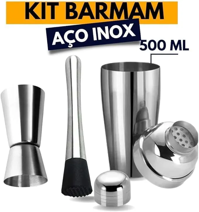 Kit para Drinks e Coquetéis com Coqueteleira, Socador e Medidor - Conjunto de Aço Inoxidável Profissional e Uso Doméstico