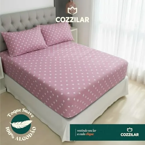 Cozzilar Jogo de Lençol Cama Casal Malha 100% Algodão 3 Peças Estampado Kit Inclui 1 Lençol Casal Com Elástico e 2 Fronhas Toque Macio (Modelo 7)