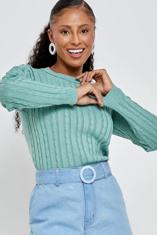 Suéter Feminino Verde Menta Tricot Trançado Gola Careca