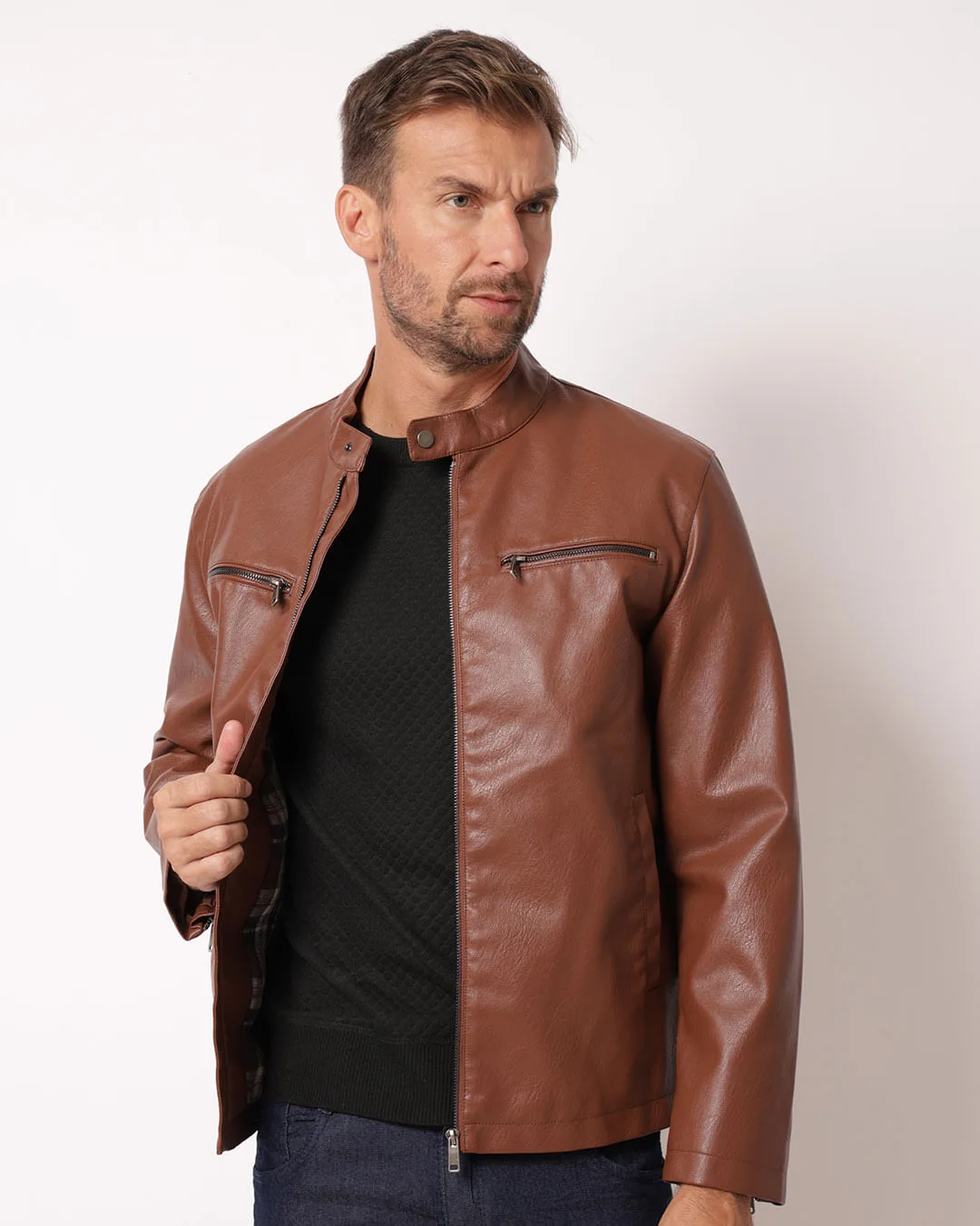 Jaqueta Masculina PU Bolso Embutido Marrom