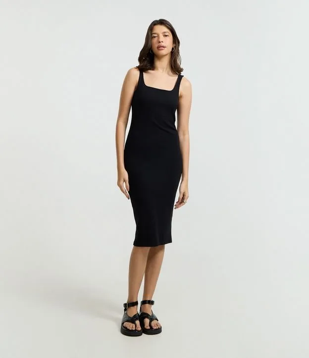Vestido Midi em Ribana com Decote Quadrado