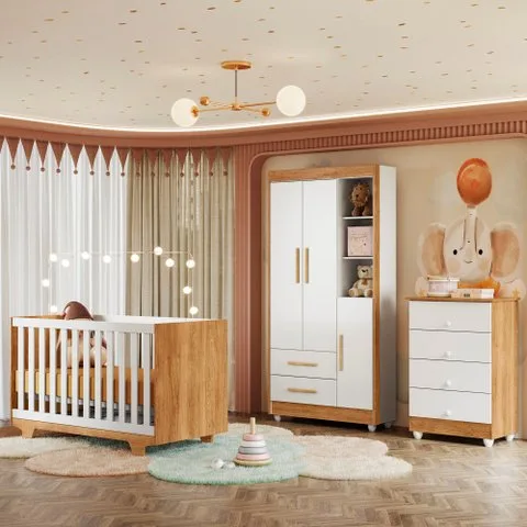 Quarto de Bebê Completo 100% MDF Cômoda Berço e Guarda Roupa Nina