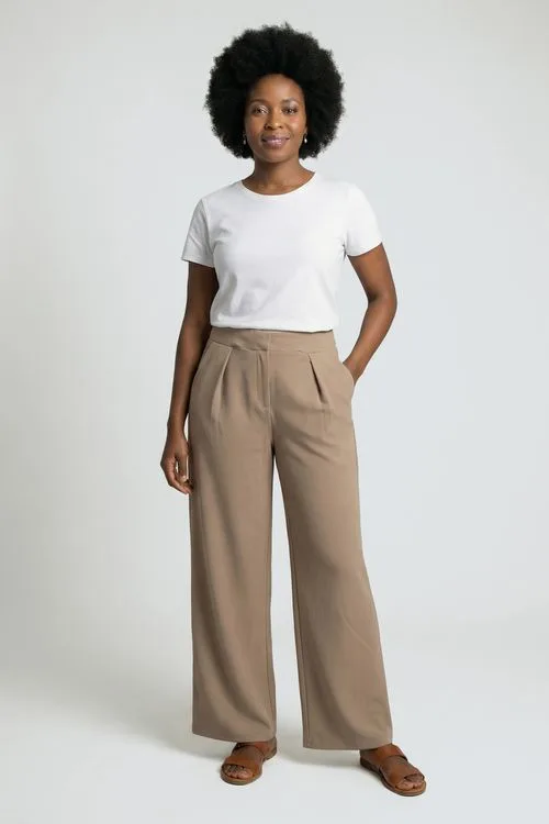 Calça Pantalona Feminina Bege com Pregas e Cintura Alta