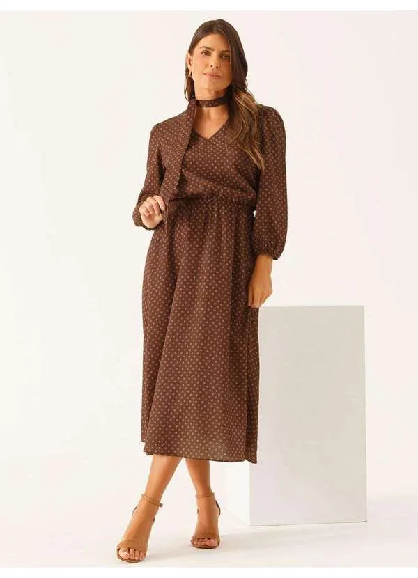 Principessa - Vestido Longuete Decote V em Crepe Marrom Yohara