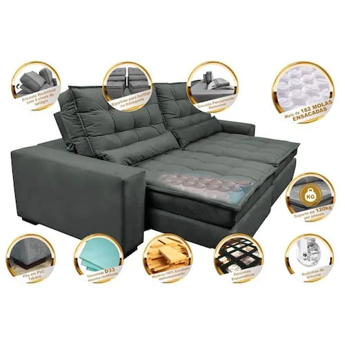 Sofá Retrátil e Reclinável com Molas Ensacadas Cama inBox Gold 2,12m Tecido Suede Velusoft - Cinza