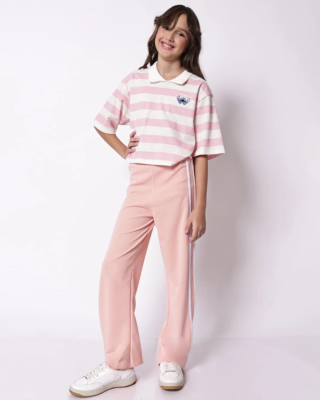 Calça Juvenil Crepe com Friso Lateral Rosa