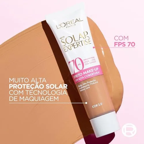 L'Oréal Paris Solar Expertise Efeito Makeup FPS 70, Protetor Solar Facial com Cor e Alta Cobertura de Base por 12H, Previne Rugas e Manchas, Cor 2.0, 40g