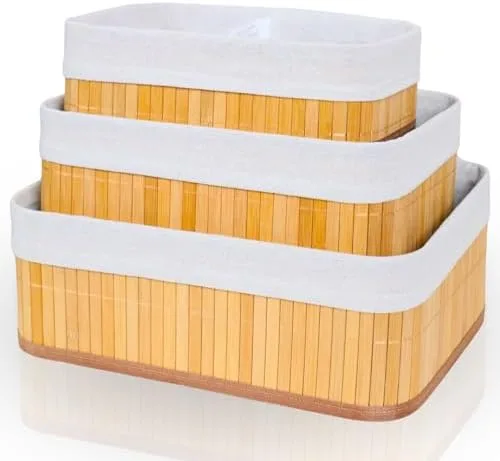 Cestos Organizadores De Bambu 3 Unidades Multiuso Com Forro Perfeito Para Banheiros, Armários, Lavanderias. Bonito e Elegante (Natural)