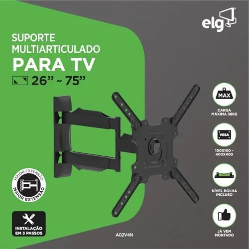 Suporte de TV Articulado de Parede, Função Avanço e Recuo, Giro Horizontal de Até 90°, VESA 100x100 a 400x400mm, 26" a 75", Preto, A02V4N, ELG