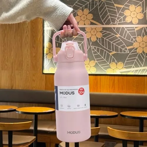 Garrafa Térmica 1700ml - Duplamente Isolada a Vácuo, Canudo e Base Emborrachada Anti Derrapante, Mantém Bebidas Quentes por 12 Horas e Geladas por 24 Horas (Rosa)