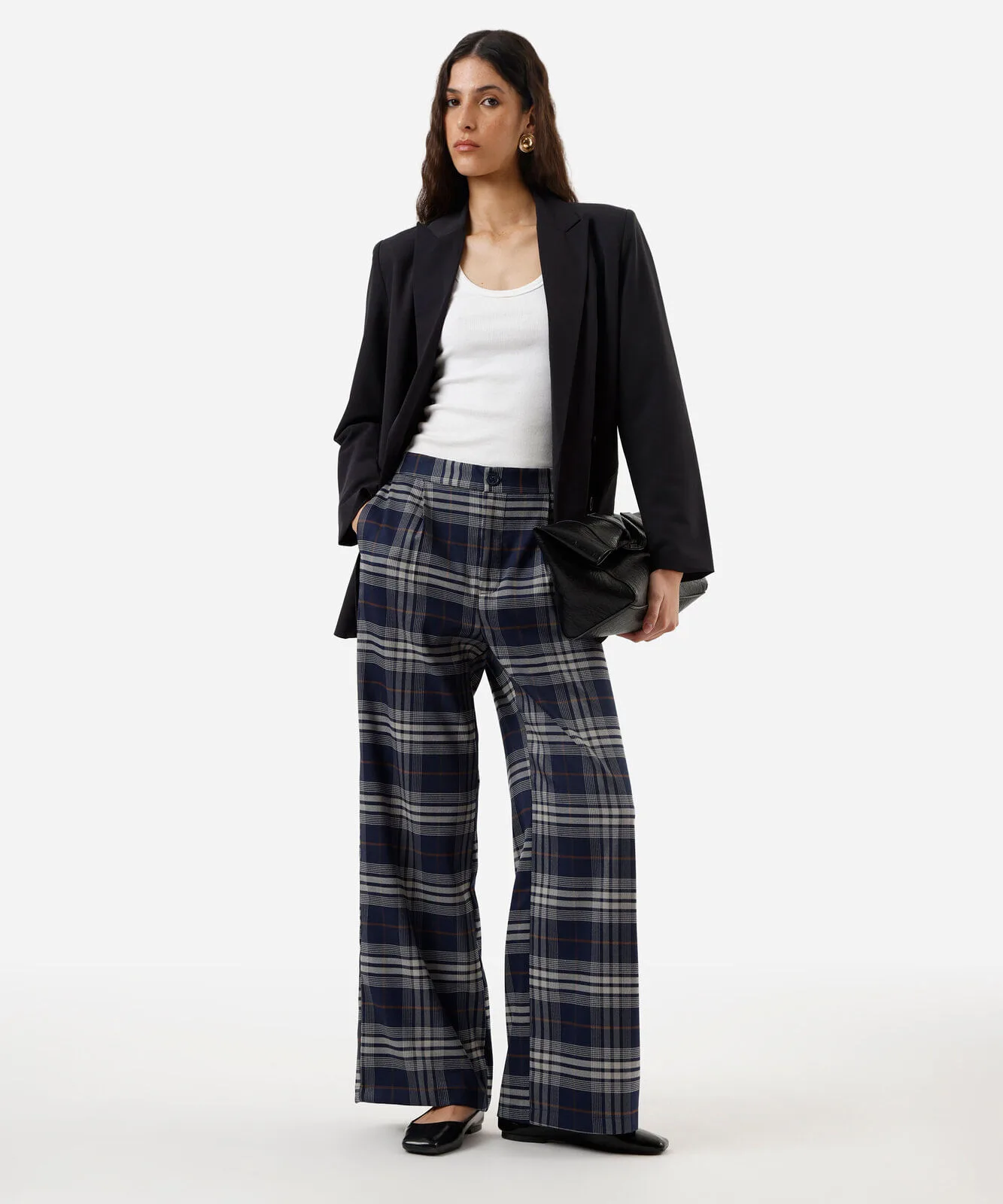 calça wide leg feminina xadrez azul