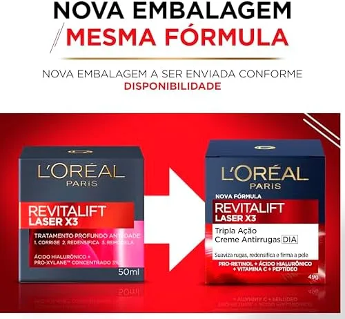 L'Oréal Paris Revitalift Laser X3, Creme Facial Anti-idade, com PRO-XYLANE™ e Ácido Hialurônico, Corrige Rugas Profundas, Combate Flacidez e Redefine o Contorno do Rosto, 50ml