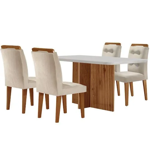 Sala de Jantar Mesa Olímpia 120CM MDF Canto Copo com 4 Cadeiras Carol Moderna - Bege