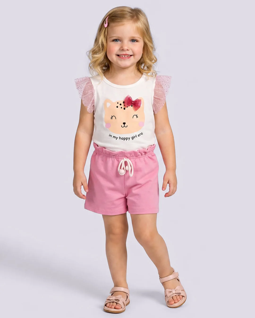 Conjunto Bebê com Tule Estampa Gatinho Off White