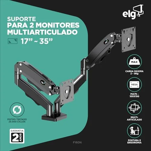 ELG, F160N, Suporte Articulado de Mesa com Pistão a Gás e Ajuste de Altura, 2 Monitores de 17” a 35”, Com Organizador de Cabos, Capacidade de 2kg a 9kg, Preto