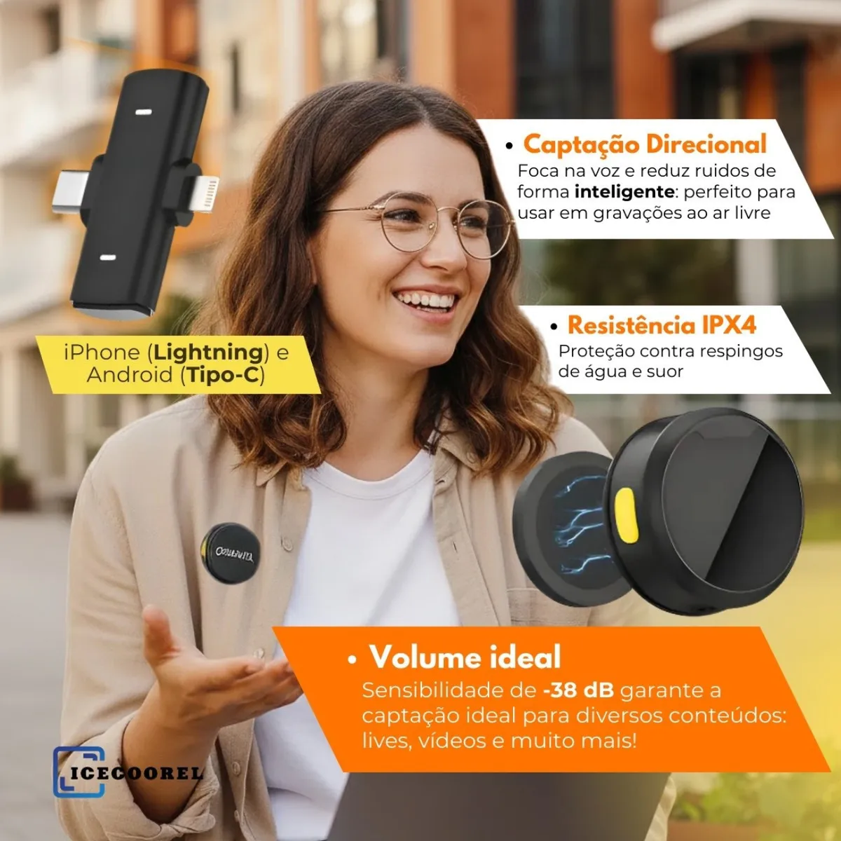 Microfone De Lapela Sem Fio Duplo Anti Ruido Profissional Imã Com Fixação Magnética Compativel Case De Carregamento Com iPhone 11 12 13 14 15 16 17 Android Samsung Xiaomi Motorola Preto Ice Coorel