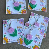 Chaveiro Flor Tulipa Dia das Mães com Cartão Presente Delicado Lembrancinha Criativa