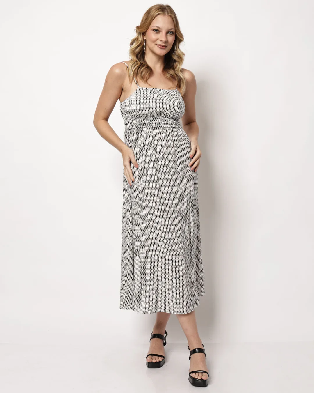 Vestido Midi Feminino Viscose Berry & Co Estampado Branco