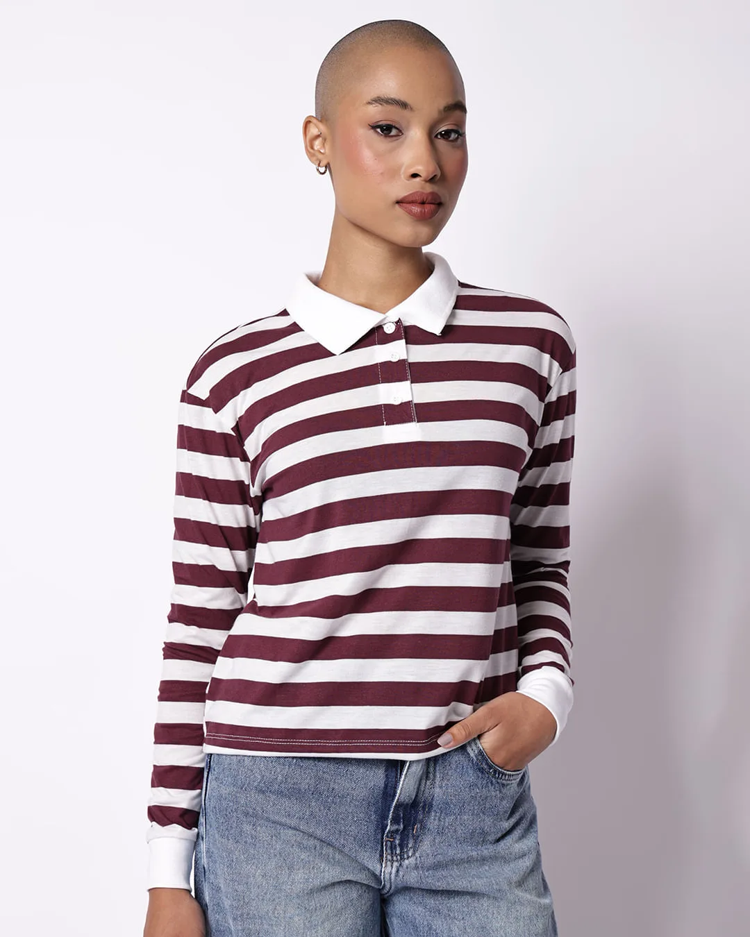 Blusa Polo Feminina Listrada Manga Longa Vinho